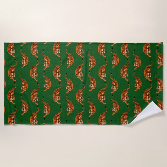 Tiger Pattern with Green Background Beach Towel (Front)