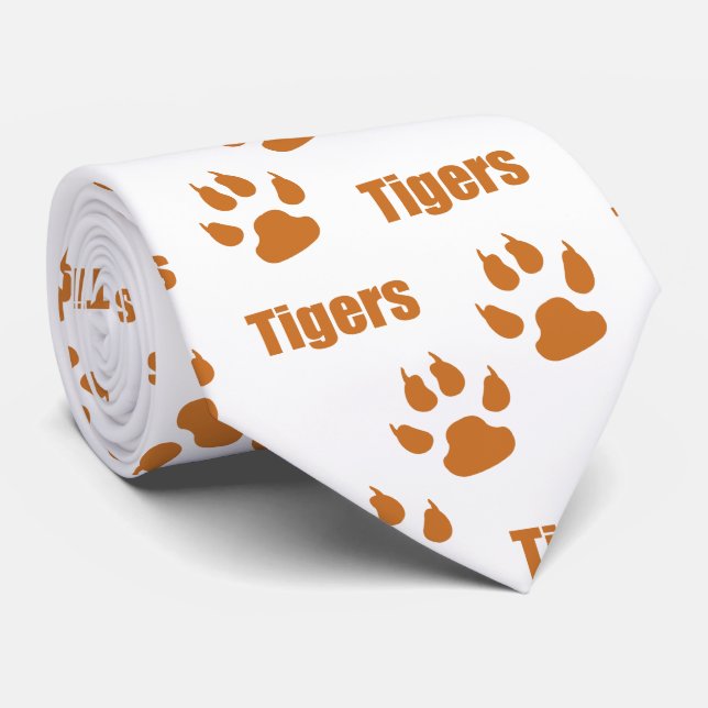 Tiger Paw Prints With Tiger Text On White Tie (Rolled)