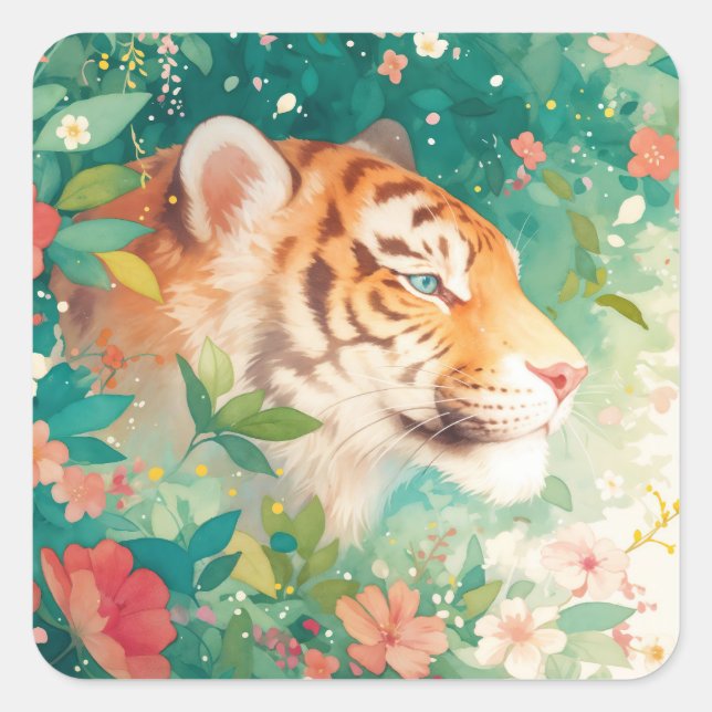 Tiger Peeking Through Lush Botanical Garden Square Sticker (Front)