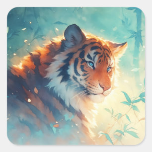 Tiger Peeking Through Teal Bamboo Forest Square Sticker