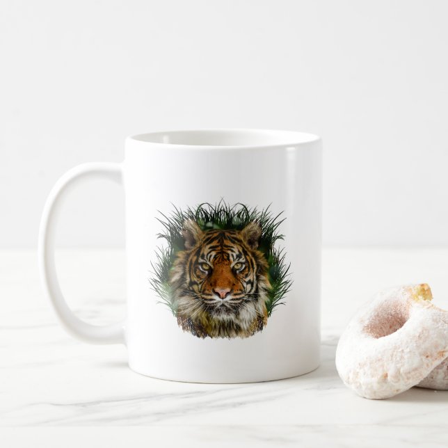Tiger Peering Through Grass Coffee Mug (With Donut)