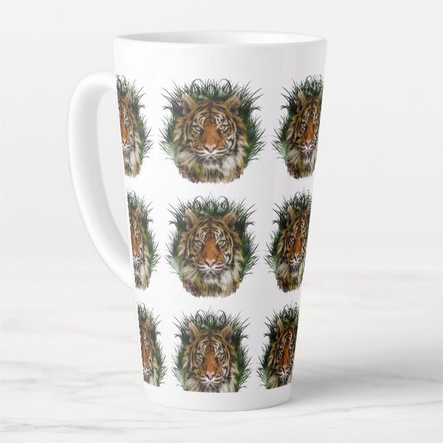 Tiger Peering Through Grass Latte Mug (Left Angle)