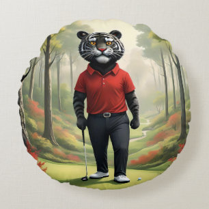 Tiger Playing Golf In The Woods, Round Pillow