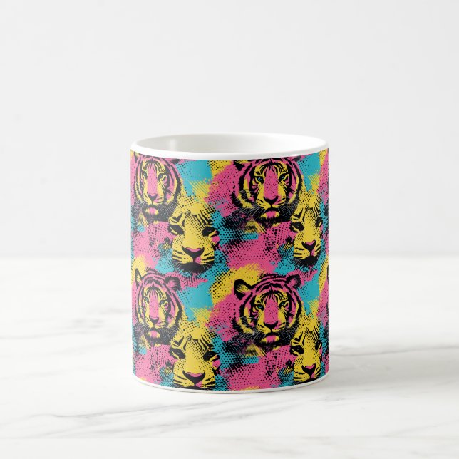 Tiger Pop Art Pattern in Pink, Yellow and Blue Coffee Mug (Center)