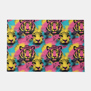 Tiger Pop Art Pattern in Pink, Yellow and Blue Doormat