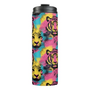 Tiger Pop Art Pattern in Pink, Yellow and Blue Thermal Tumbler