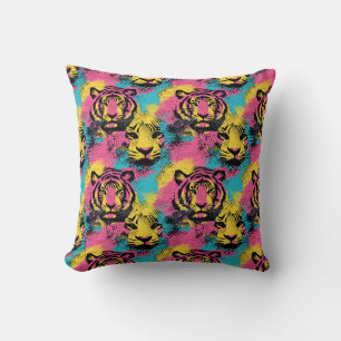 Tiger Pop Art Pattern in Pink, Yellow and Blue Throw Pillow