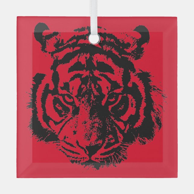 Tiger Pop Art Red Blue Black Glass Ornament (Front)
