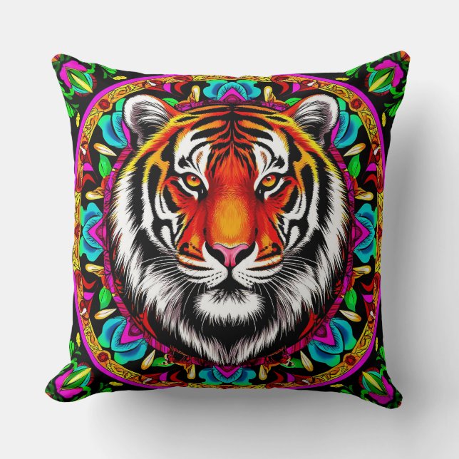 Tiger Portrait with Mandala Design Throw Pillow (Front)