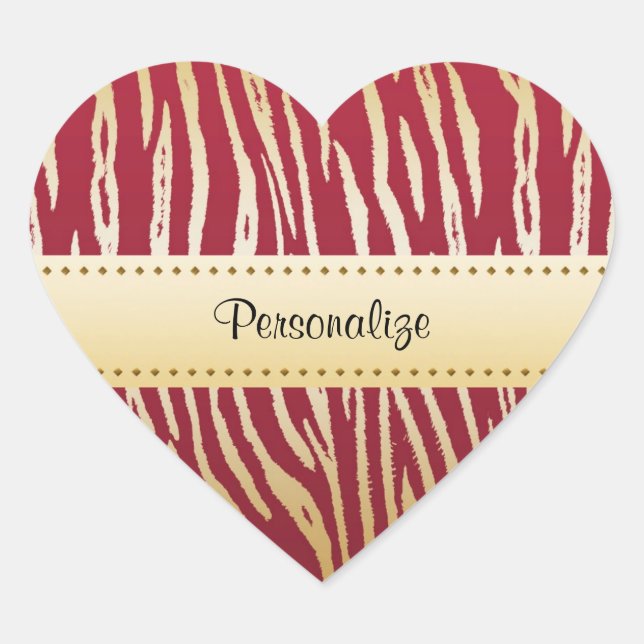 Tiger Print Elegant Red and Gold Animal Pattern Heart Sticker (Front)