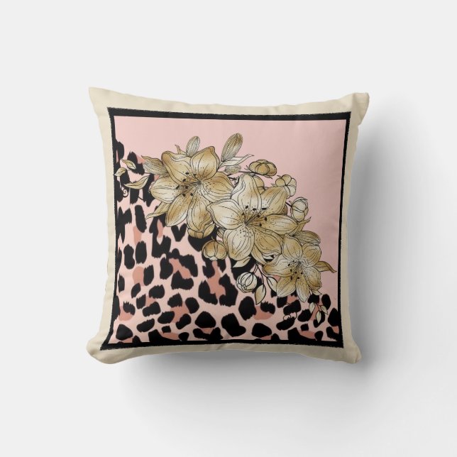 Tiger Print Mauve with Ivory Flowers Throw Pillow (Front)