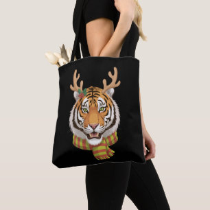 Tiger Reindeer Christmas Animal With Antlers Xmas Tote Bag