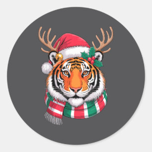 Tiger Reindeer Christmas Santa Hat Tiger Xmas  Classic Round Sticker