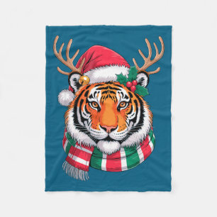 Tiger Reindeer Christmas Santa Hat Tiger Xmas  Fleece Blanket