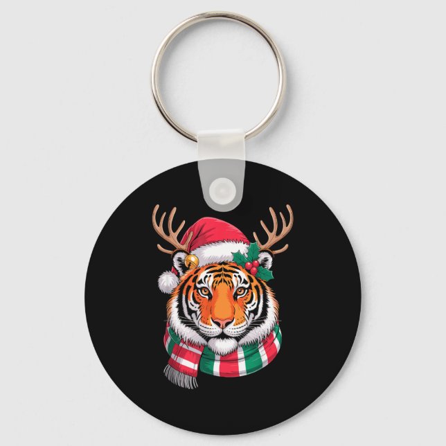 Tiger Reindeer Christmas Santa Hat Tiger Xmas  Keychain (Front)