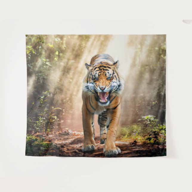 Tiger Roaring  in a Backlit Jungle Tapestry (Front (Horizontal))