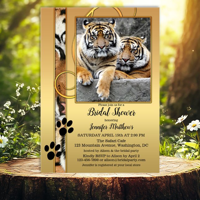 Tiger Safari Zoo Bridal Shower Invitation (Bridal shower invitation featuring two tigers on a gold styled background with tiger paw print)