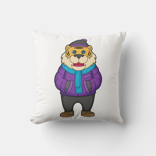 Tiger Scarf Beanie Throw Pillow (Front)