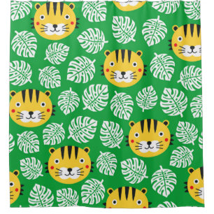 Tiger seamless pattern with tropical leaves. Kid b