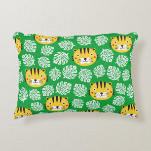 Tiger seamless pattern with tropical leaves. Kid b Accent Pillow
