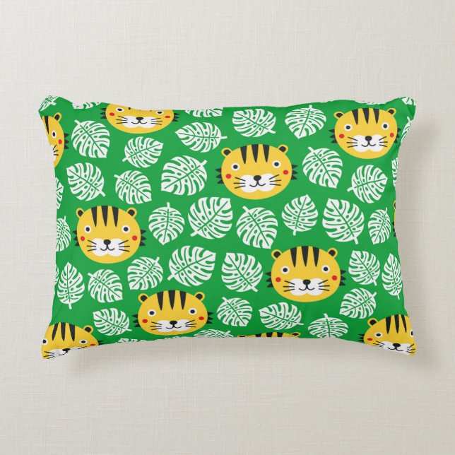 Tiger seamless pattern with tropical leaves. Kid b Accent Pillow (Front)