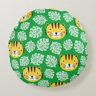 Tiger seamless pattern with tropical leaves. Kid b Round Pillow