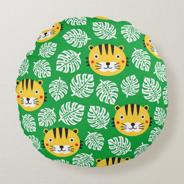 Tiger seamless pattern with tropical leaves. Kid b Round Pillow (Front)