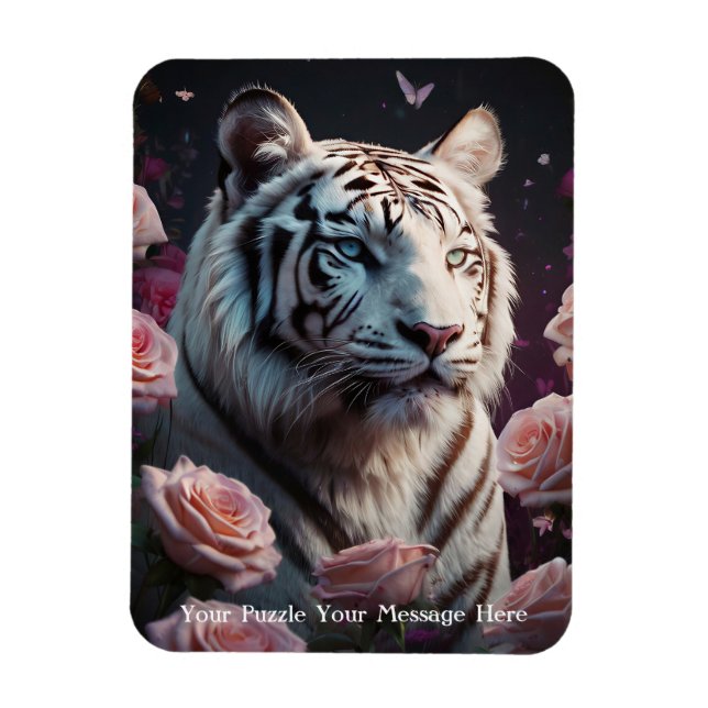 Tiger sitting in a pink rose garden magnet (Vertical)
