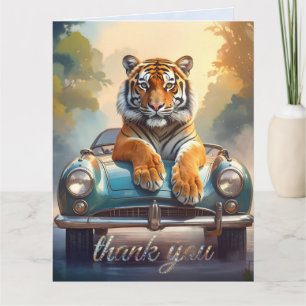 Tiger sitting on a sports car thank you card