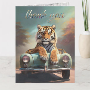 Tiger sitting on a sports car thank you card