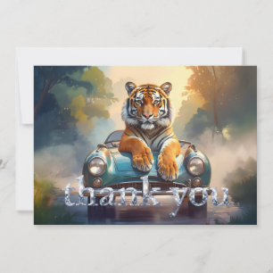 Tiger sitting on a sports car thank you card
