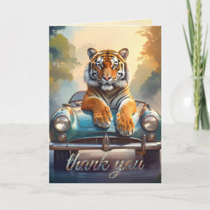Tiger sitting on a sports car  thank you card