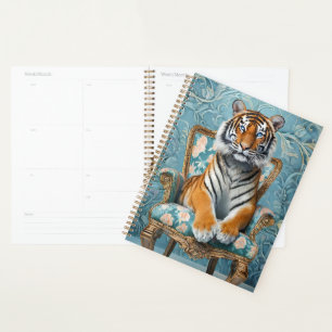 Tiger sitting on a vintage chair planner