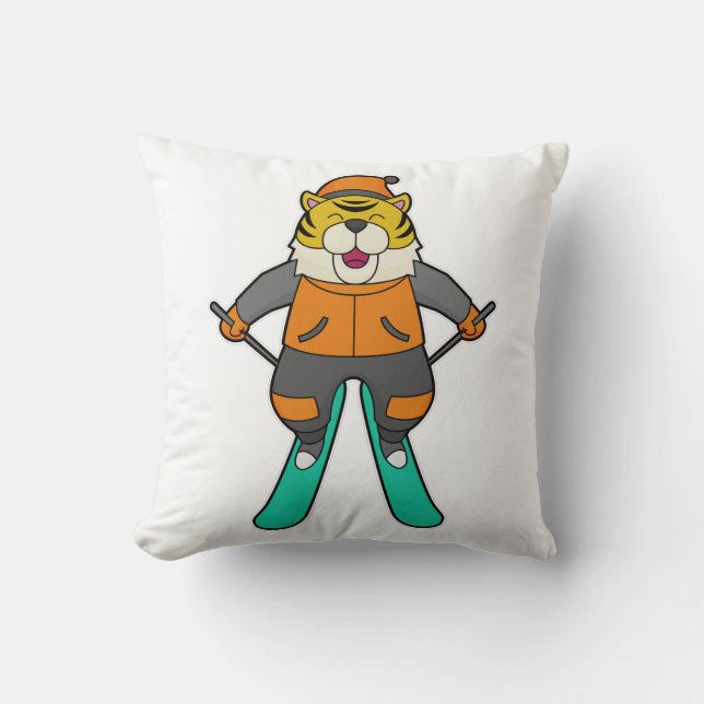 Tiger Skier Ski Throw Pillow (Front)