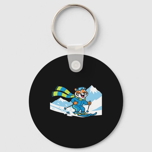 Tiger Skiing Downhill Alpine Mountains Winter Adve Keychain (Front)