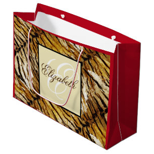 Tiger skin, monogram, stylish, tiger, striped large gift bag