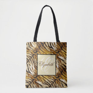 Tiger skin, monogram, stylish, tiger, striped tote bag