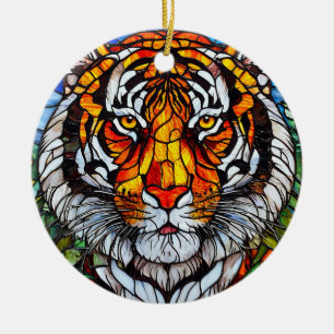 Tiger stained glass ceramic ornament