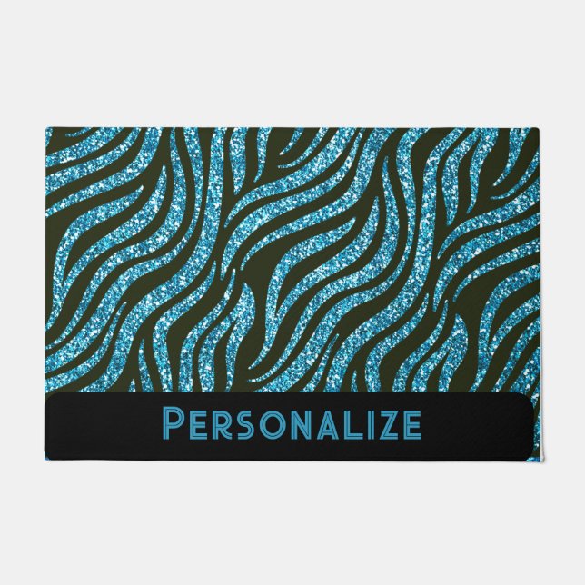 Tiger Stripe Blue Glitter Animal Print Doormat (Front)