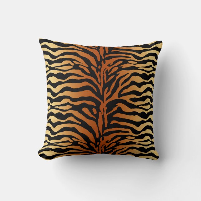 Tiger Stripes Animal Print, Amber, Black and Tan Throw Pillow (Front)