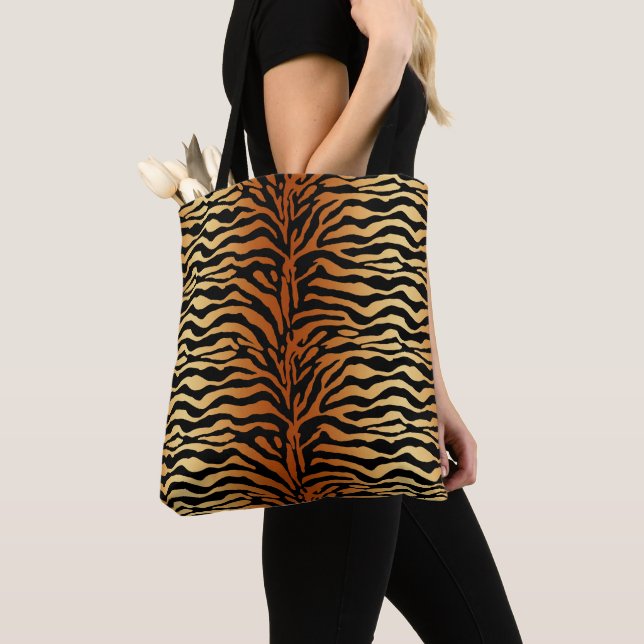 Tiger Stripes Animal Print, Amber, Black and Tan Tote Bag (Close Up)