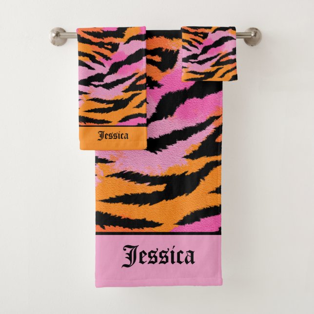 Tiger Stripes Animal Print Lavender& Orange Name Bath Towel Set (Insitu)