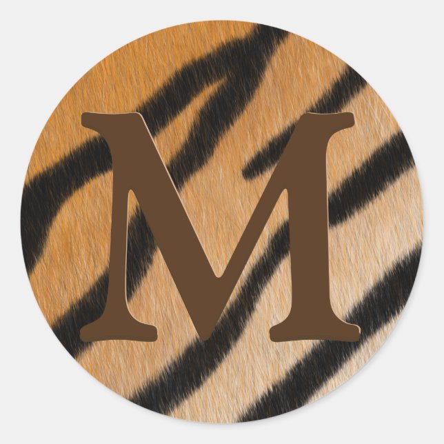 Tiger Stripes Animal Print Mahogany Monogram Classic Round Sticker (Front)
