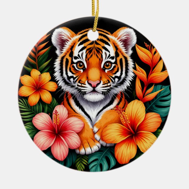 Tiger Surrounded by Tropical Flowers Ceramic Ornament (Front)