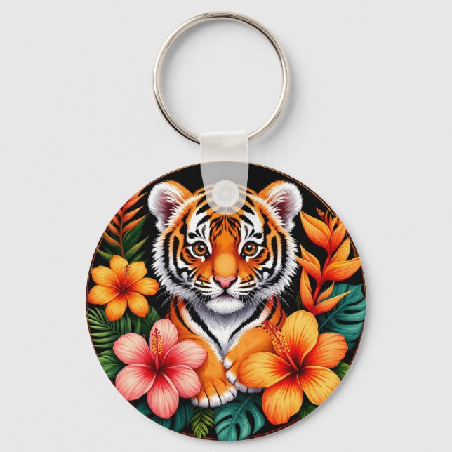 Tiger Surrounded by Tropical Flowers Keychain (Front)