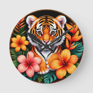 Tiger Surrounded by Tropical Flowers Round Clock