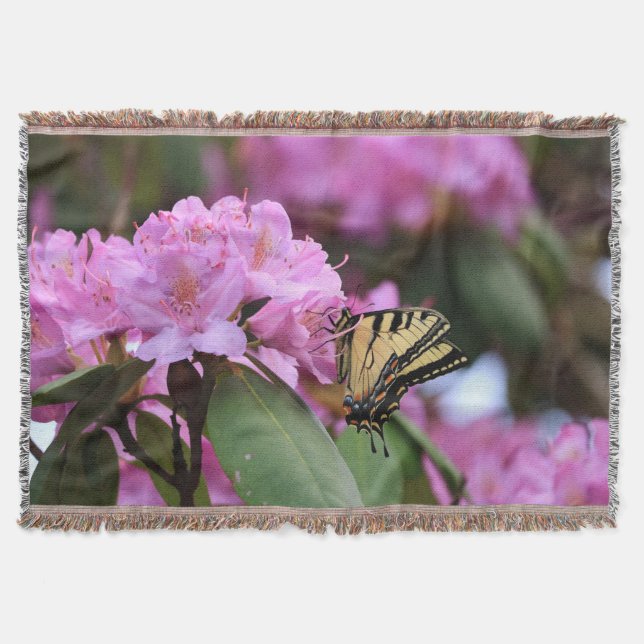 Tiger Swallowtail Butterfly and Pink Rhododendron Throw Blanket (Front)