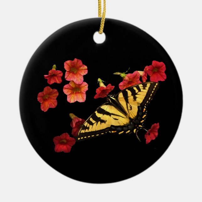 Tiger Swallowtail Butterfly on Red Flowers Ceramic Ornament (Front)