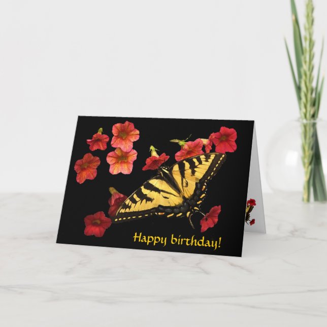 Tiger Swallowtail on Red Flowers Birthday Card (Front)