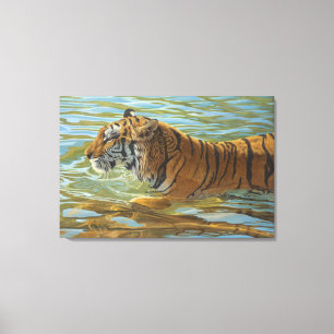 Tiger Swimming Big Cat Acrylic Painting Canvas Print
